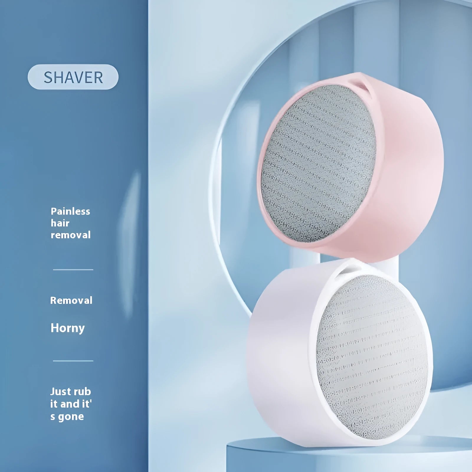 White and blue 2-in-1 nanoscale glass epilator and foot grinder device for personal grooming.