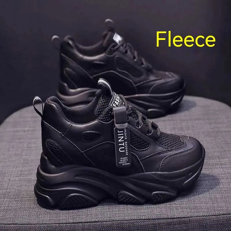 Women's black mesh platform casual shoes with hollow-out toe holder and TPR sole