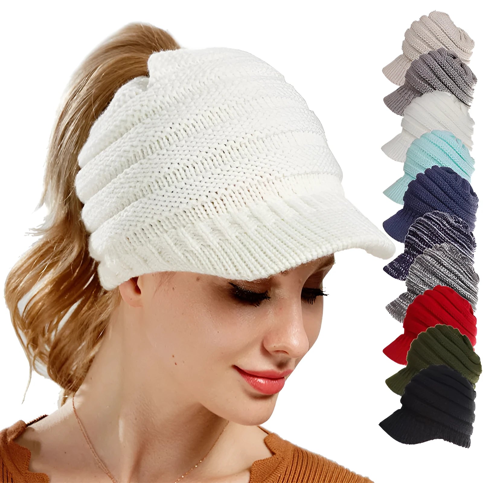 Women's knitted ponytail beanie with hair hole opening in acrylic yarn, shown in beige colour