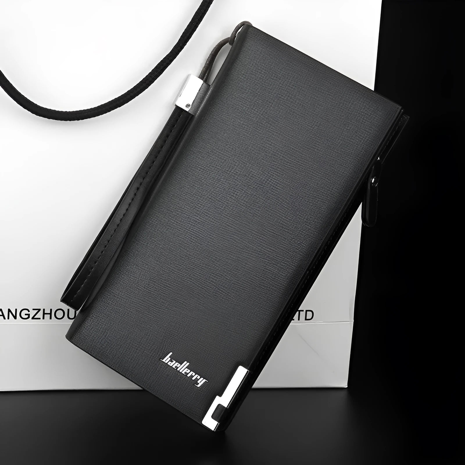 Men's black PU leather wallet with long zipper closure showing waterproof construction