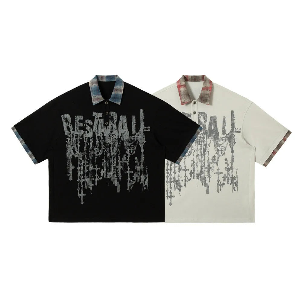 Men's loose fit cotton top with asymmetric graffiti print in blue or red