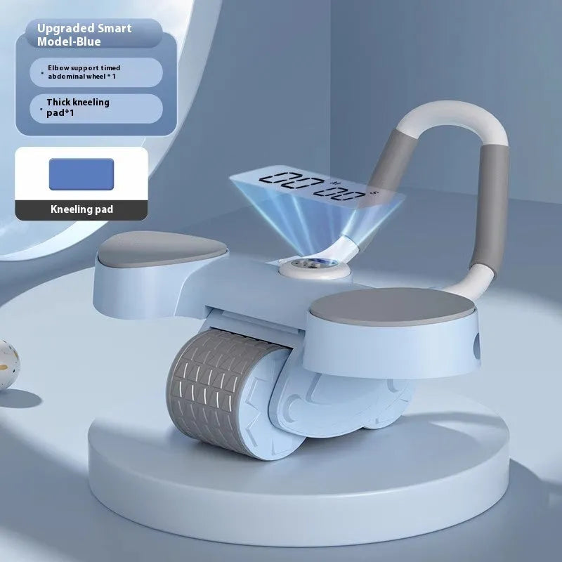 Abdominal wheel with elbow support and automatic rebound mechanism in blue colour