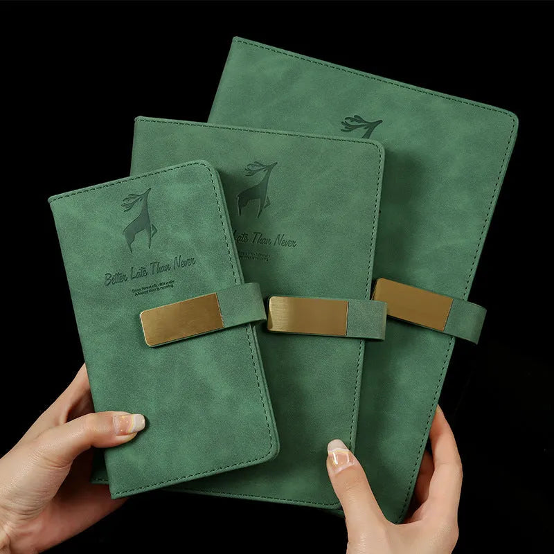Deer Head Notebook with PU leather cover embossed and gold stamped, open to paper pages