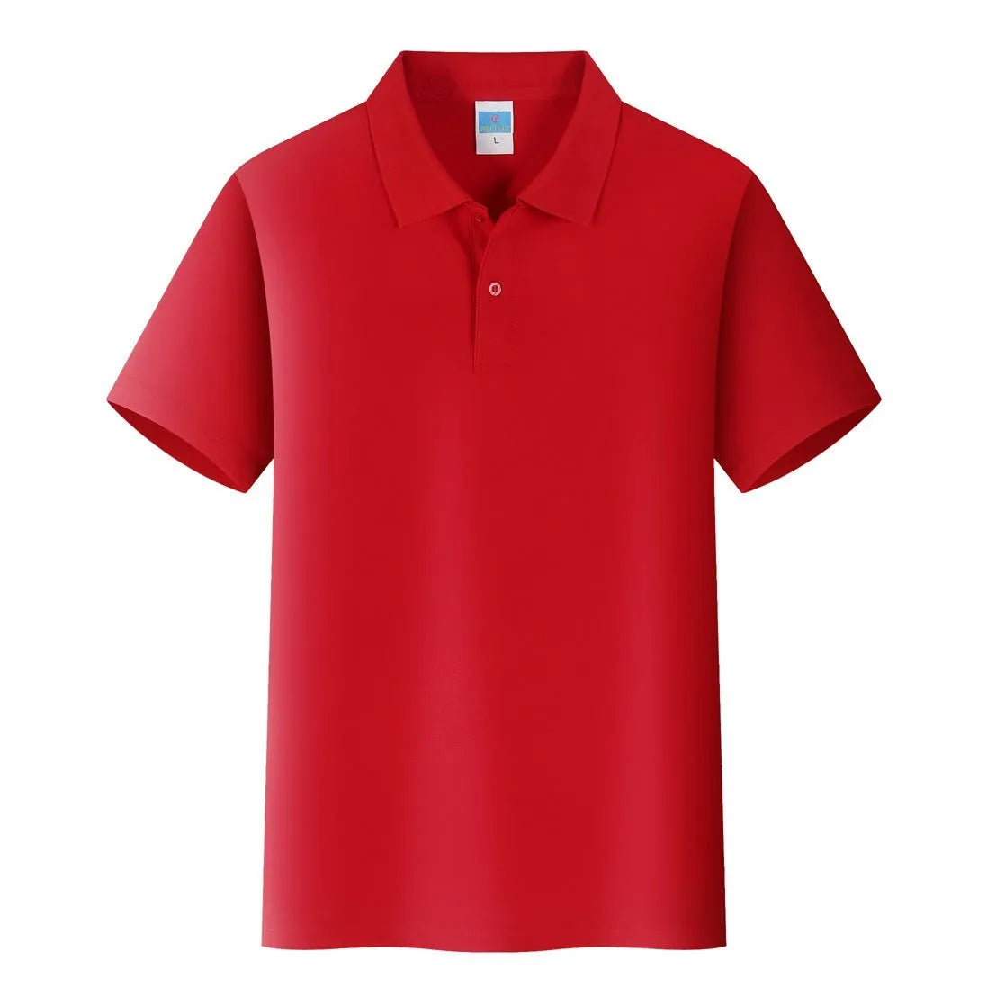 Short sleeve cotton work shirt in straight fit for corporate embroidery on a hanger.