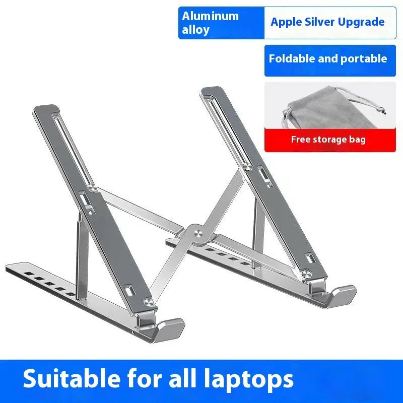 Silver aluminium laptop stand holding a notebook at an angle on a desk