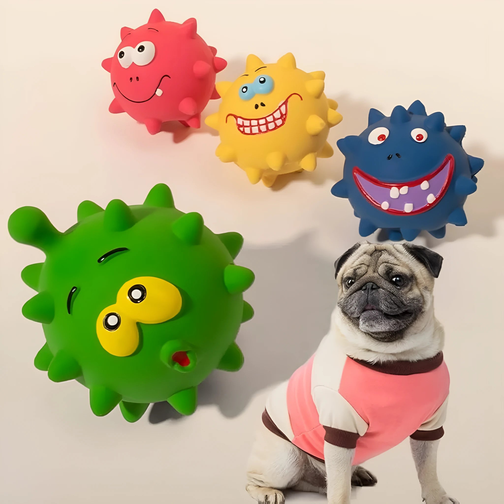 Four colourful squeaky dog balls with cute faces on natural latex rubber with bumpy dental-cleaning surface