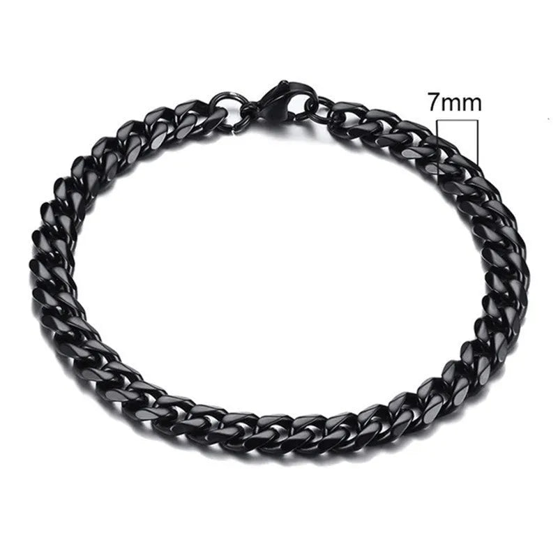 Six-sided Cuban link chain metal bracelet shown in gold, black and steel colour finishes with different width options.