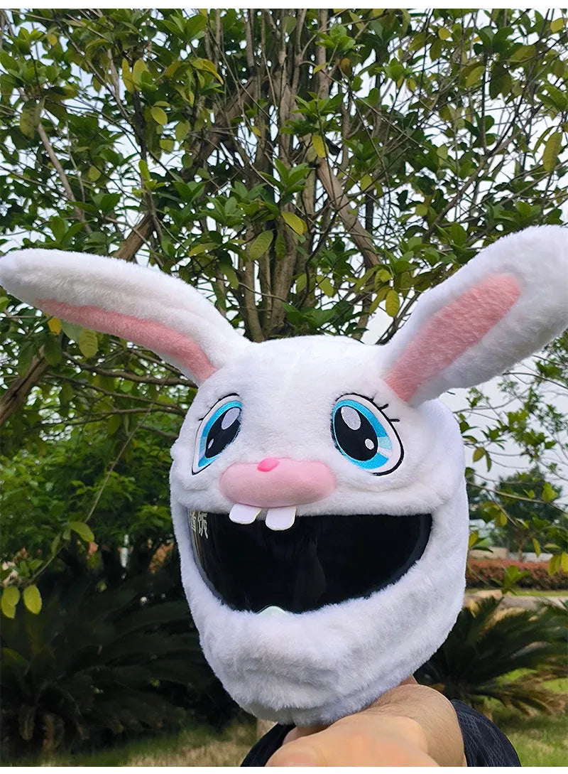 Decorative rabbit head helmet cover in long eared white design for electric motorcycle commuting