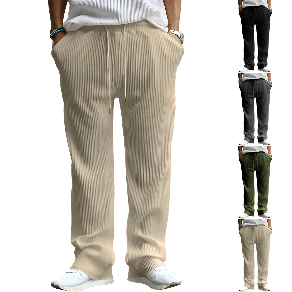 Man wearing army green striped high-waist straight-leg casual trousers.