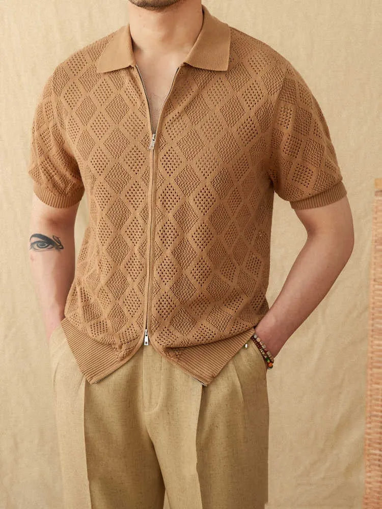 Cotton zipper cardigan top with lapel collar and short sleeves in light brown colour