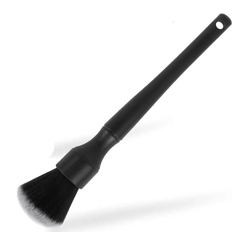 Black car detailing brush with super soft pig hair bristles for interior cleaning in two available sizes