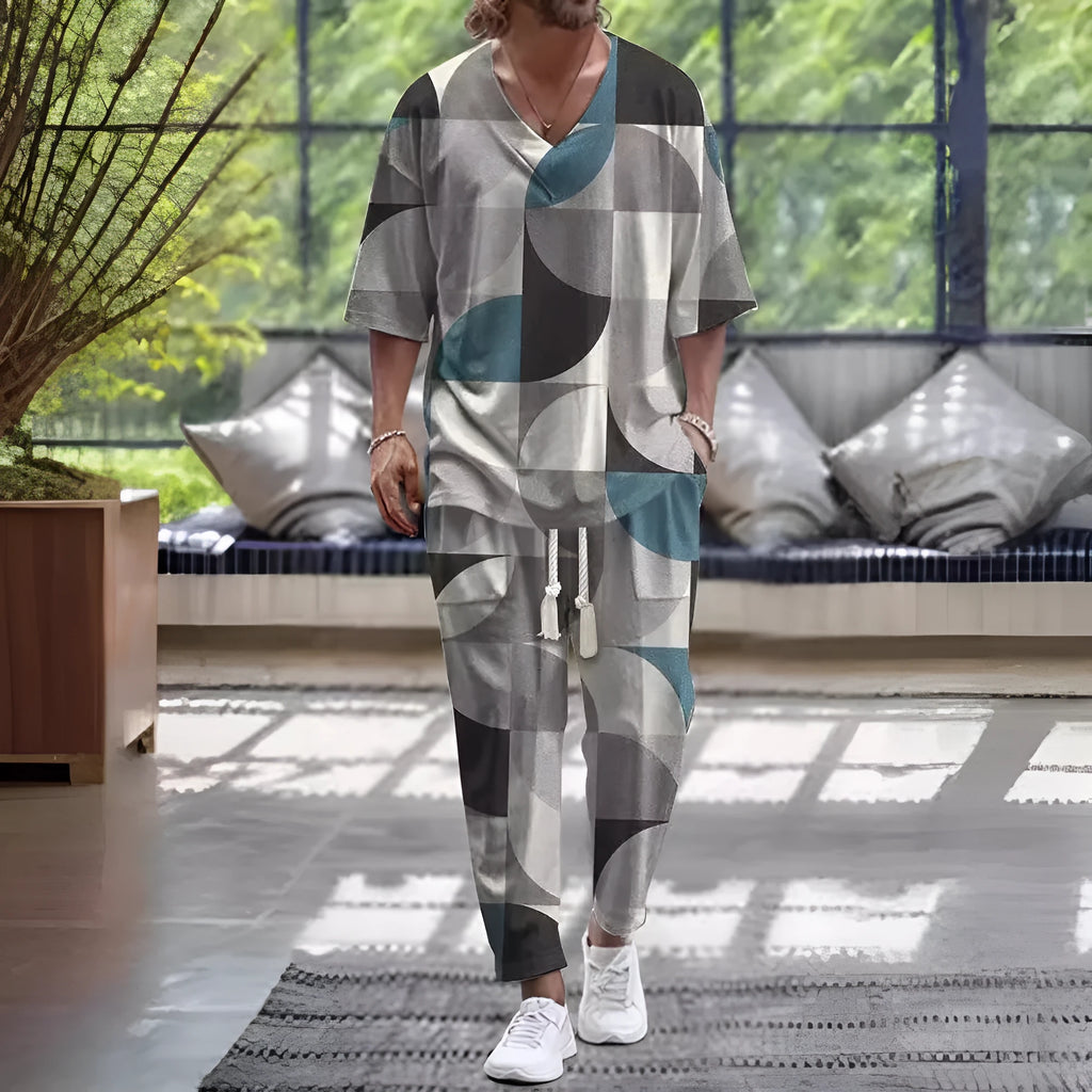 Polyester cropped sleeve V-neck jacket and trousers suit set on a hanger.