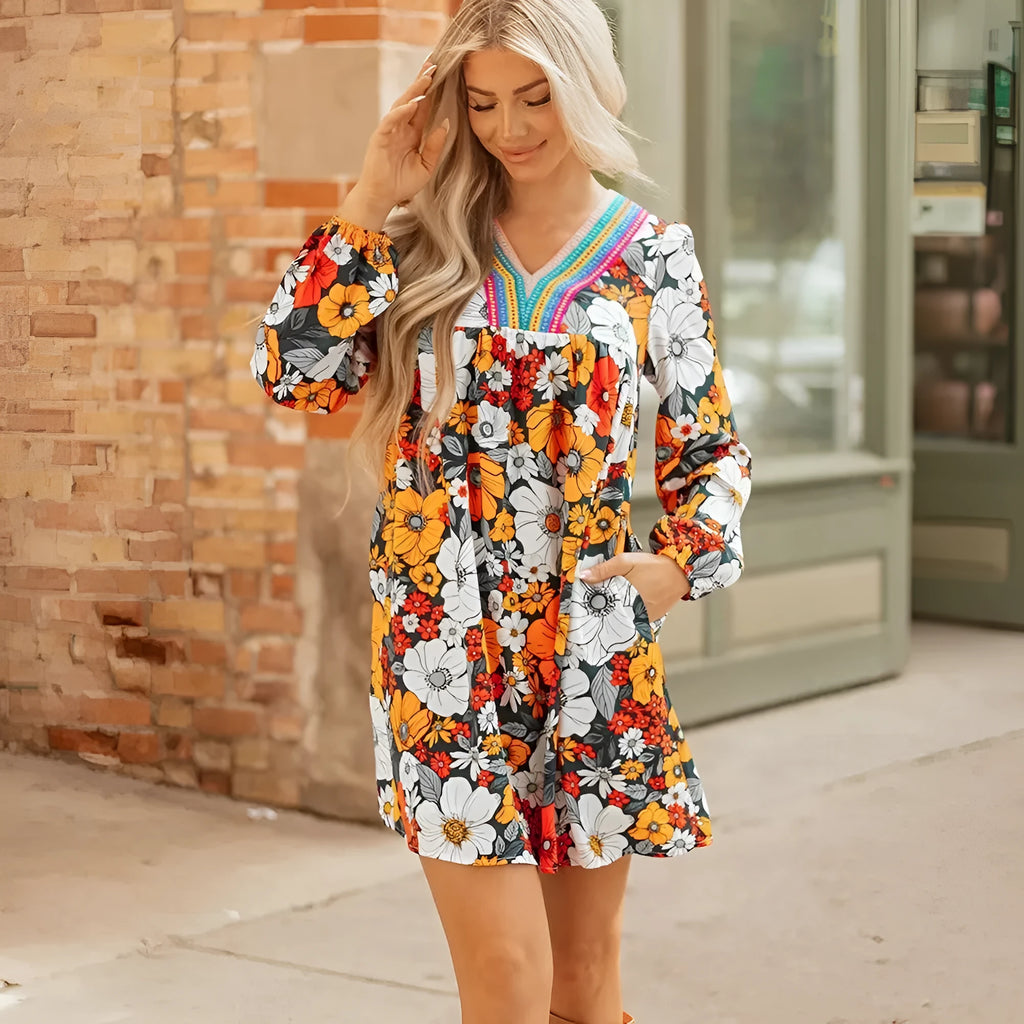 Orange floral print striped lace v neck mini dress with long sleeves