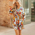 Orange floral print striped lace v neck mini dress with long sleeves