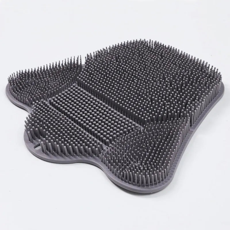 Blue silicone bath scrubber mat with bristles, shown next to grey and pink colour options.