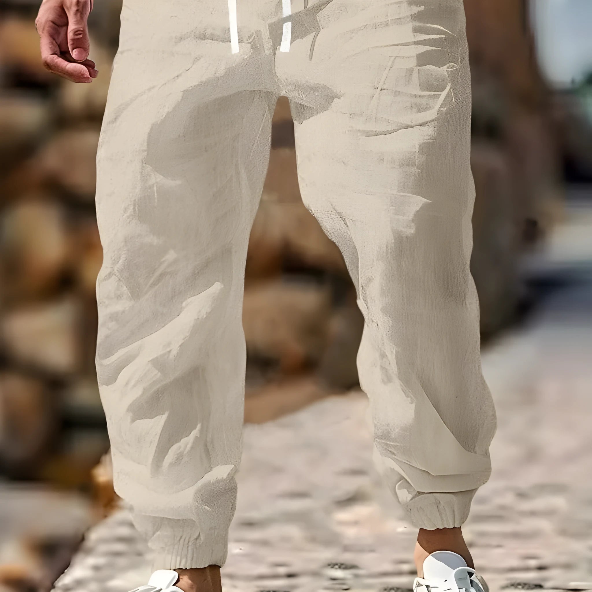 Men's straight-leg cotton trousers in apricot colour with an elastic waistband.