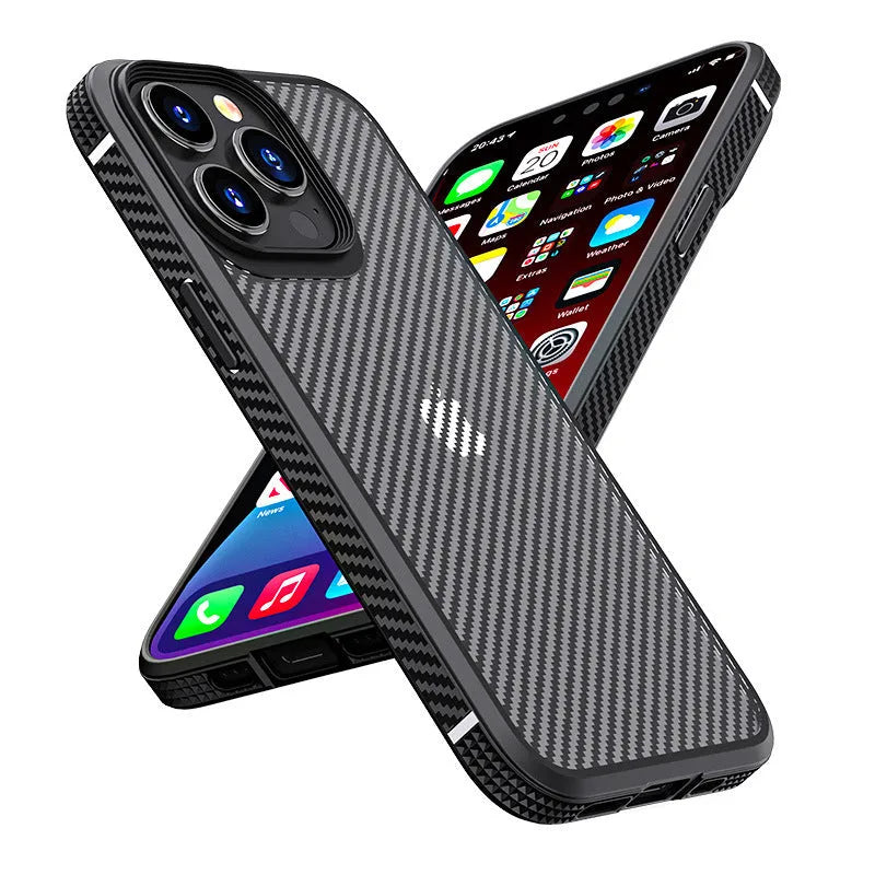 Black and blue iPhone 13 series protective phone cases with a carbon fibre pattern texture.