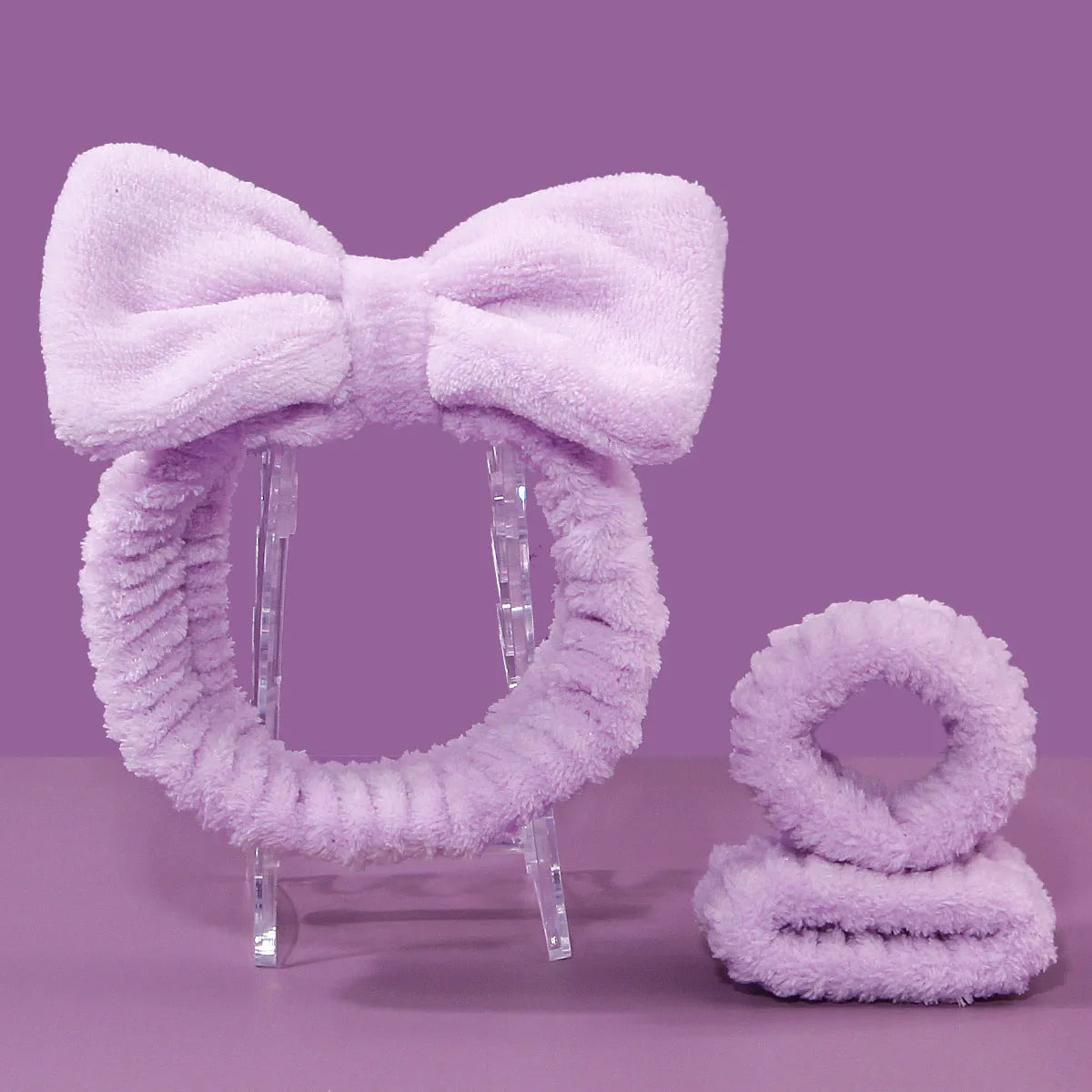 Facial brush set with coral fleece hair band in purple, grey, white, or pink colours
