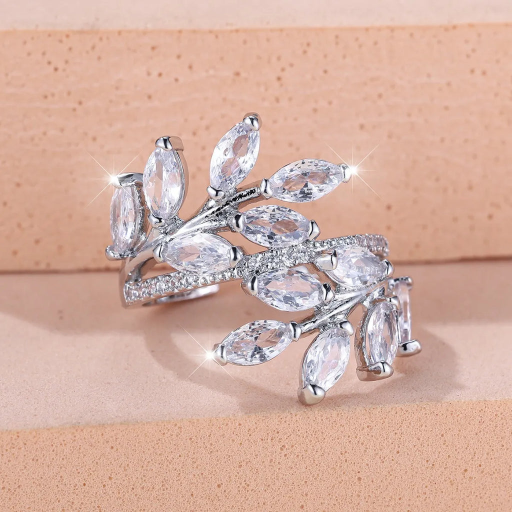 Adjustable horse eye zircon leaf fashion ring in copper with multiple colour options