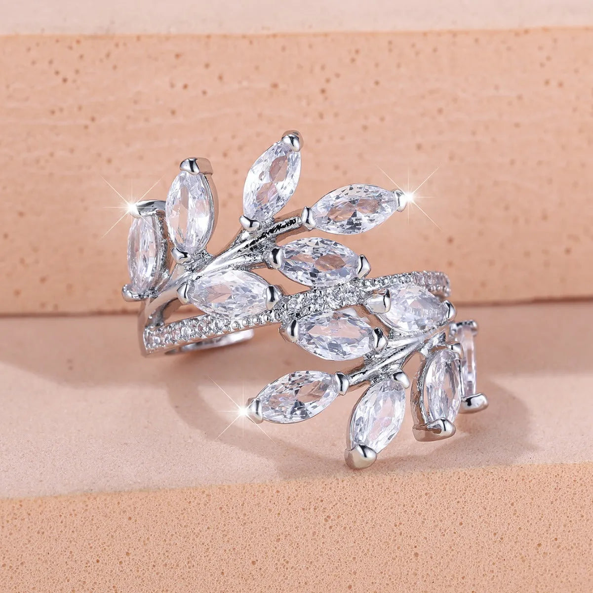 Adjustable horse eye zircon leaf fashion ring in copper with multiple colour options