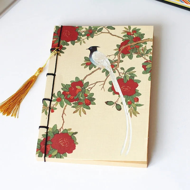 A5 antique wire-bound notebook with retro Chinese painting design on glossy embossed cover