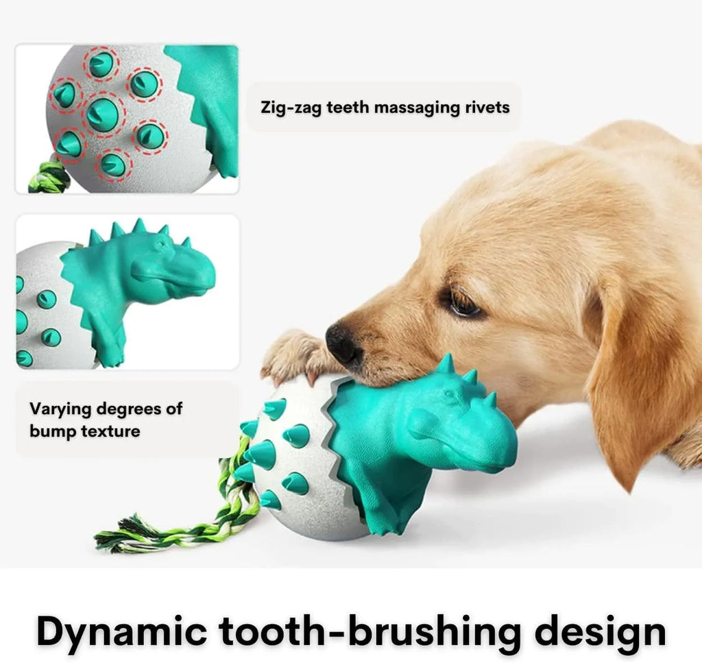 Blue durable rubber dog chew toy with dino design, rope, and textured surface for aggressive chewers.