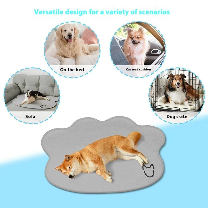 Ice Silk cooling mat for dogs in light grey with a dog head pattern, showing non-slip base.