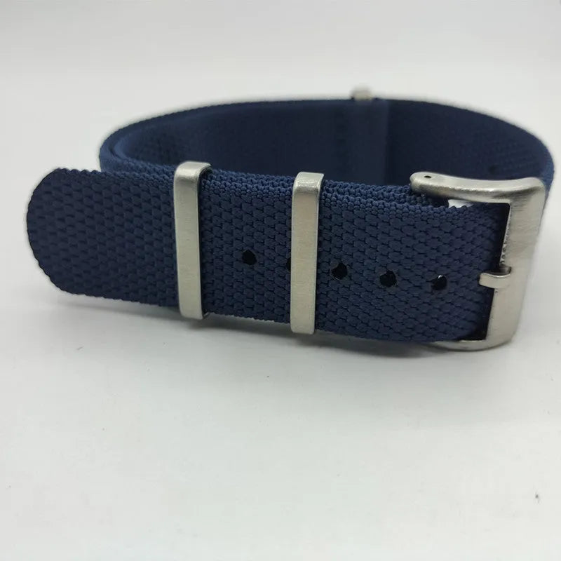 Nylon watch strap replacement band shown in multiple colour options for 20mm and 22mm watches.