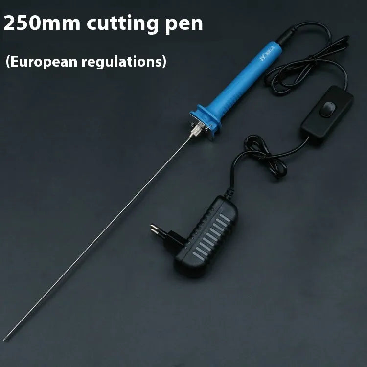 Blue electric heating foam cutter pen with plastic handle and adapter.