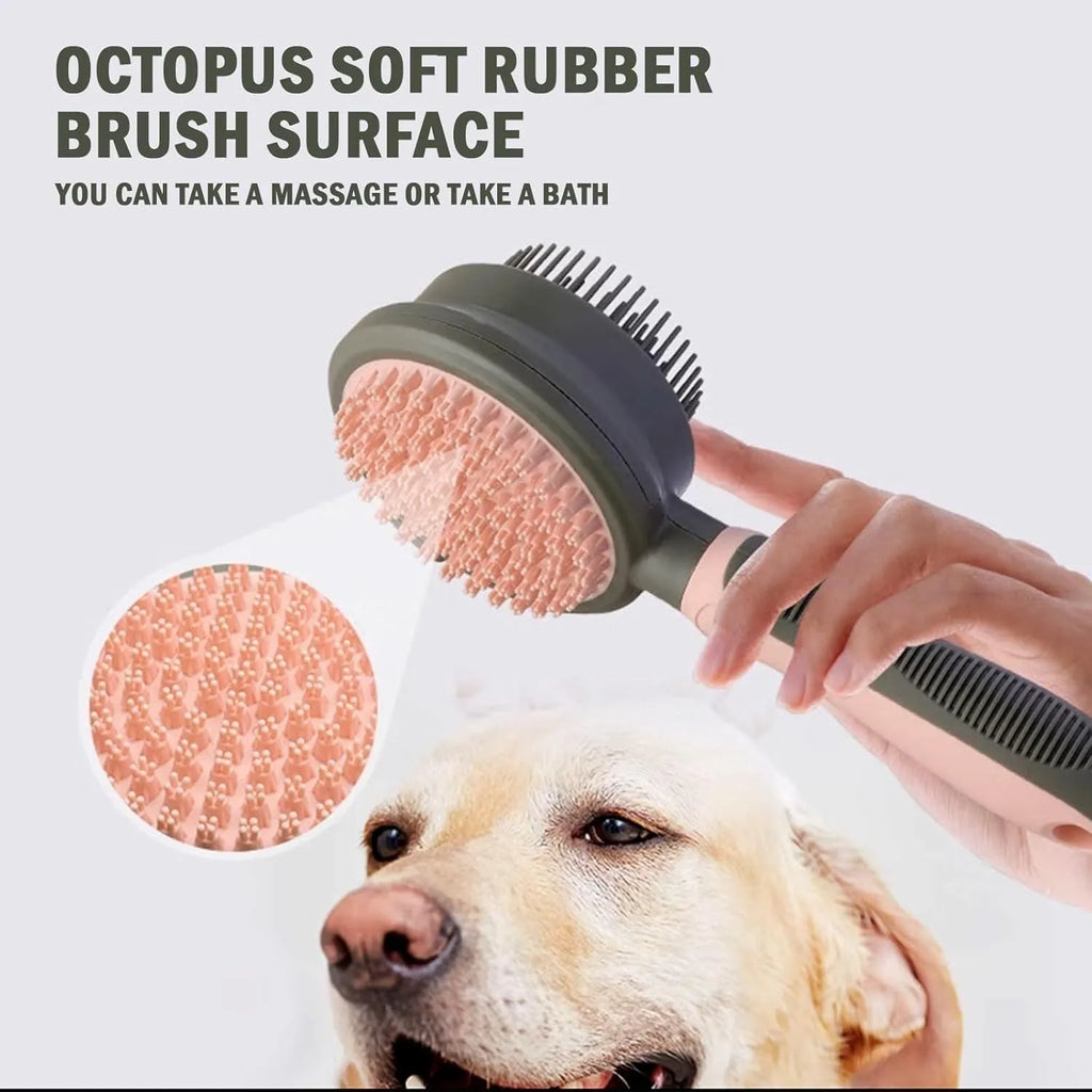 Double-sided cat brush with release button and flea comb in green and pink colour options