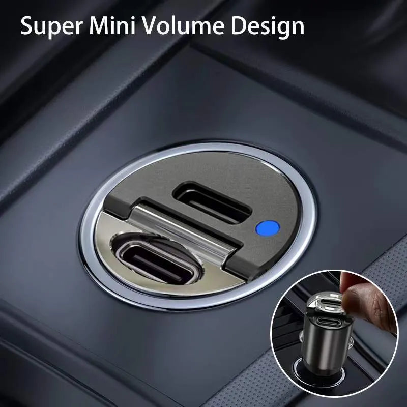 Mini 30W car cigarette lighter charger with zinc alloy body measuring 45mm by 20.7mm