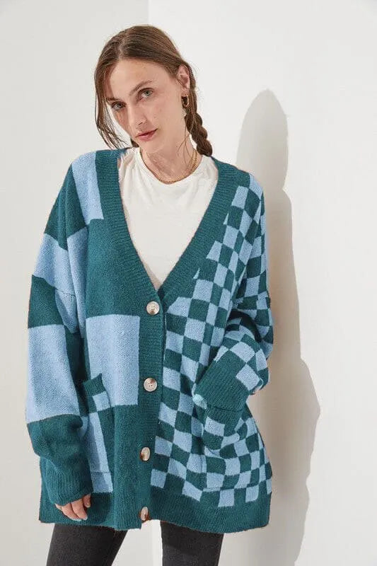 Grey printed checks knitwear cardigan on a model, showing loose slim fit and regular sleeves.