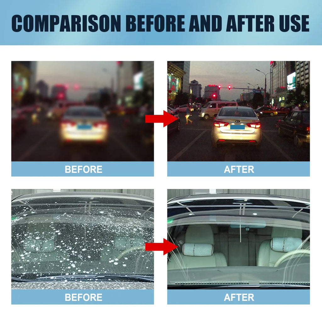 Blue car glass oil film remover with soft sponge applicator for decontaminating windscreens and windows.