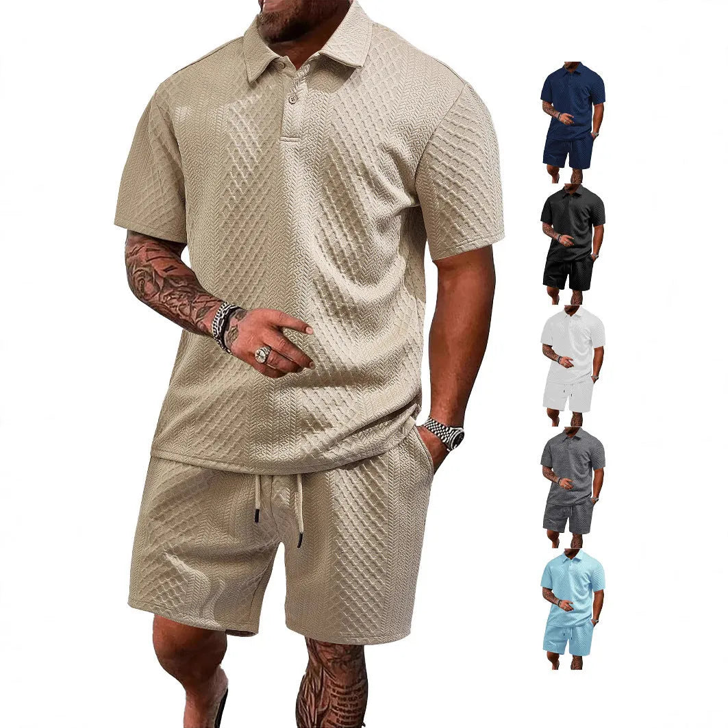 Men's patterned polyester casual short sleeve suit in multiple colours with polo shirt and trousers