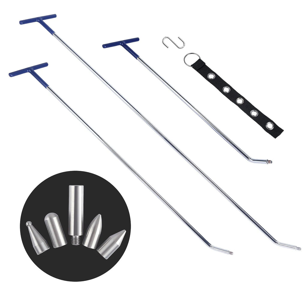 Three alloy steel hook crowbars for car dent repair in a professional tool set