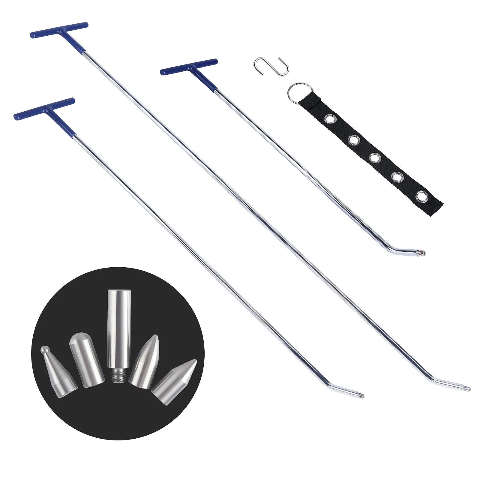 Three alloy steel hook crowbars for car dent repair in a professional tool set
