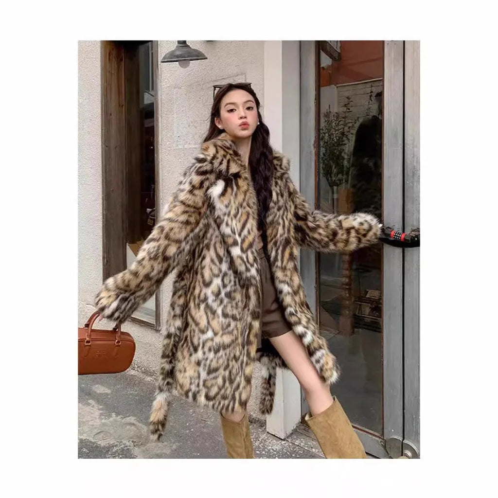 Women's long faux fur coat with fur collar and pockets in street fashion style