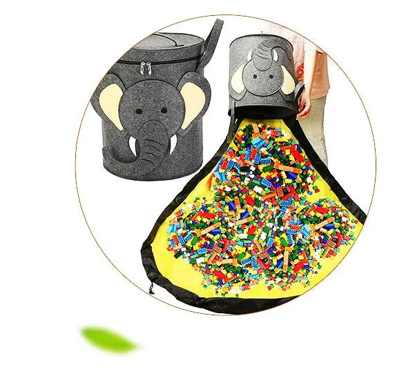Green felt cube storage bag open as play mat with pull rope closure for toy organisation