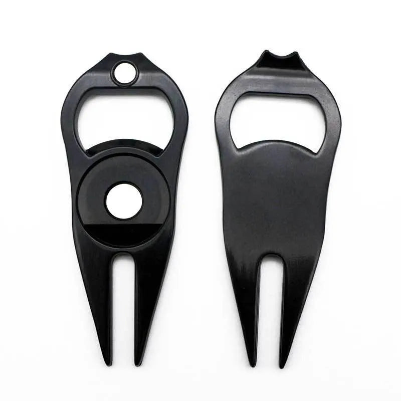 Zinc alloy golf tool with ball fork, yoke, and bottle opener functions in black, green, or silver
