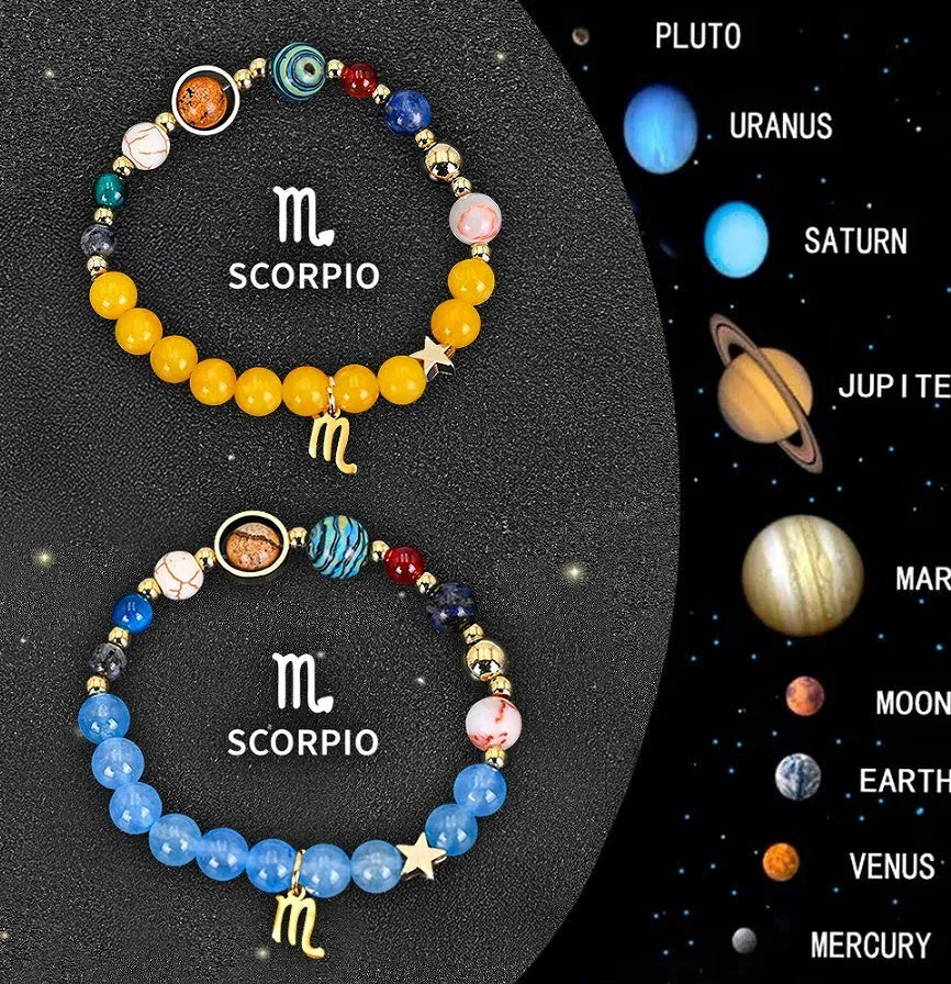 Natural stone beaded bracelets for twelve zodiac signs in two-piece astrology jewellery set