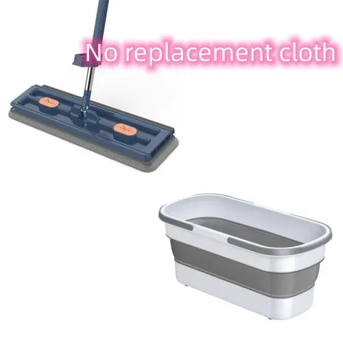 Large flat mop with long stainless steel handle and blue cleaning cloth on hard floor