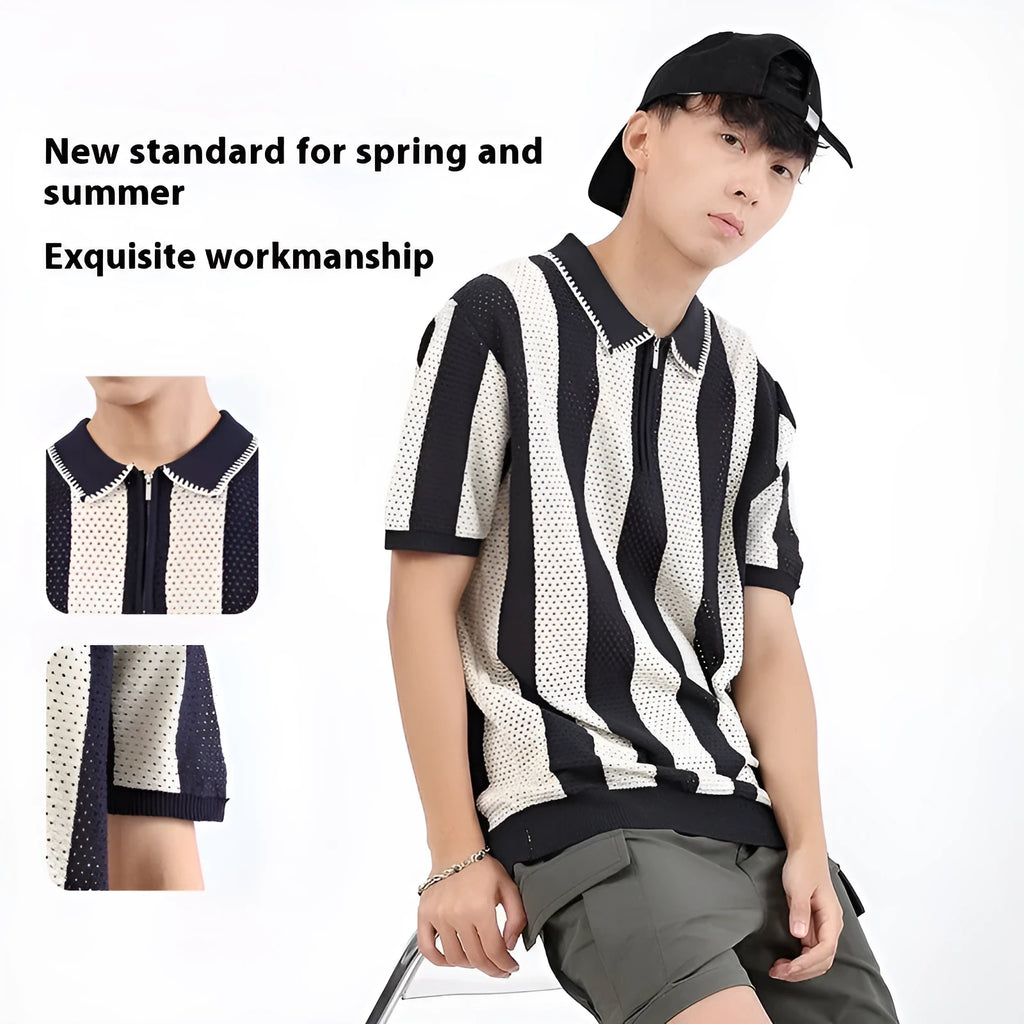 Man wearing a striped short sleeve ice silk sweater with a zipper decoration detail.