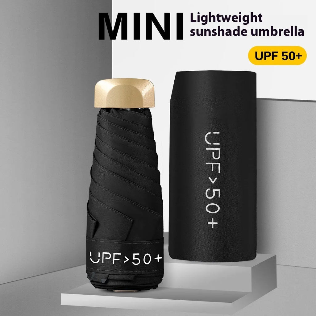 Closed five-fold mini pocket sun umbrella showing compact size and rubber handle