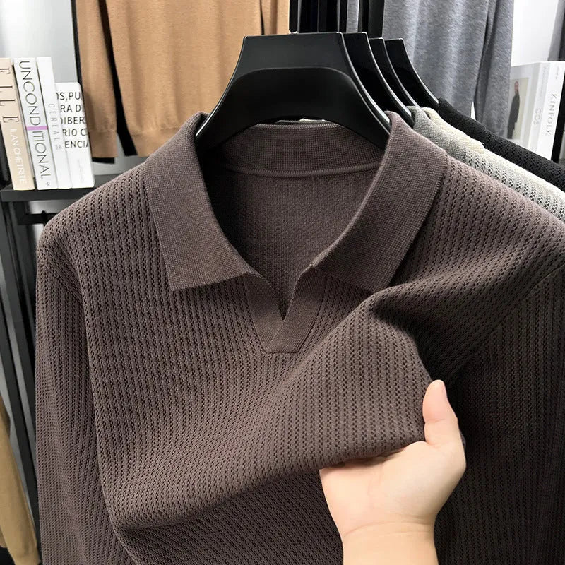 Men's loose fit pullover sweater in green colour shown on model for autumn casual wear
