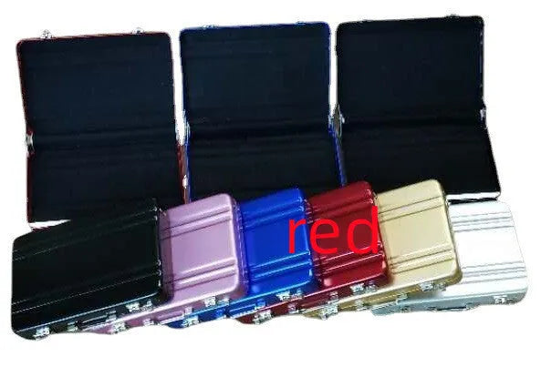 Aluminium alloy metal card holder in six colour options showing compact 100x65x16mm dimensions