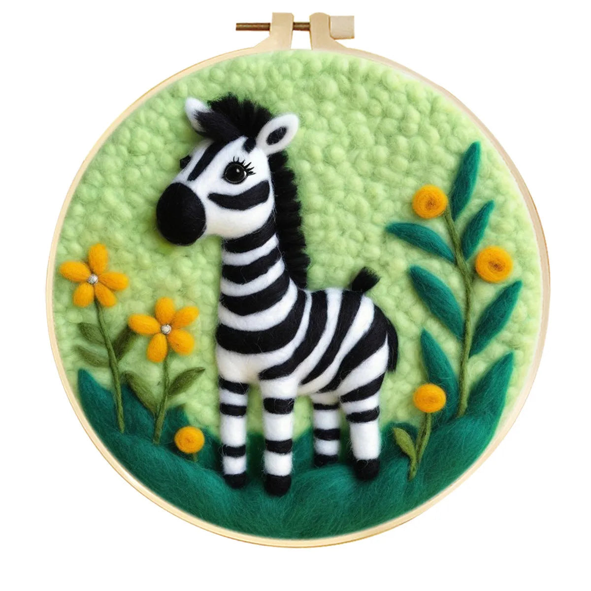 Round linen embroidery kit with wool felt materials for three-dimensional floral design