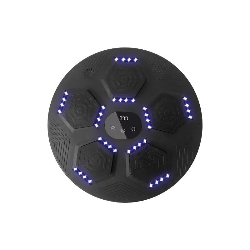 Smart wall-mounted boxing reaction target with LED lights on a grey PU surface.