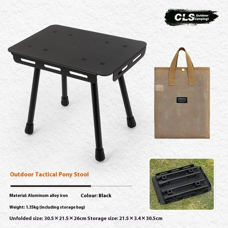 CLS aluminium folding camping stool shown in beige, extended as a table and folded with its storage bag.
