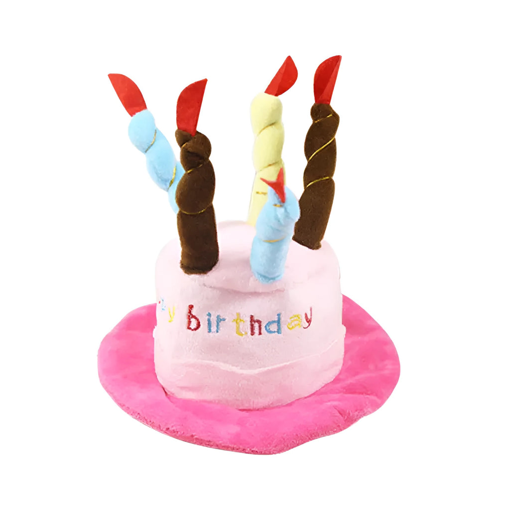 Blue and pink dog birthday hats showing dimensions of 21cm x 15cm x 6.5cm