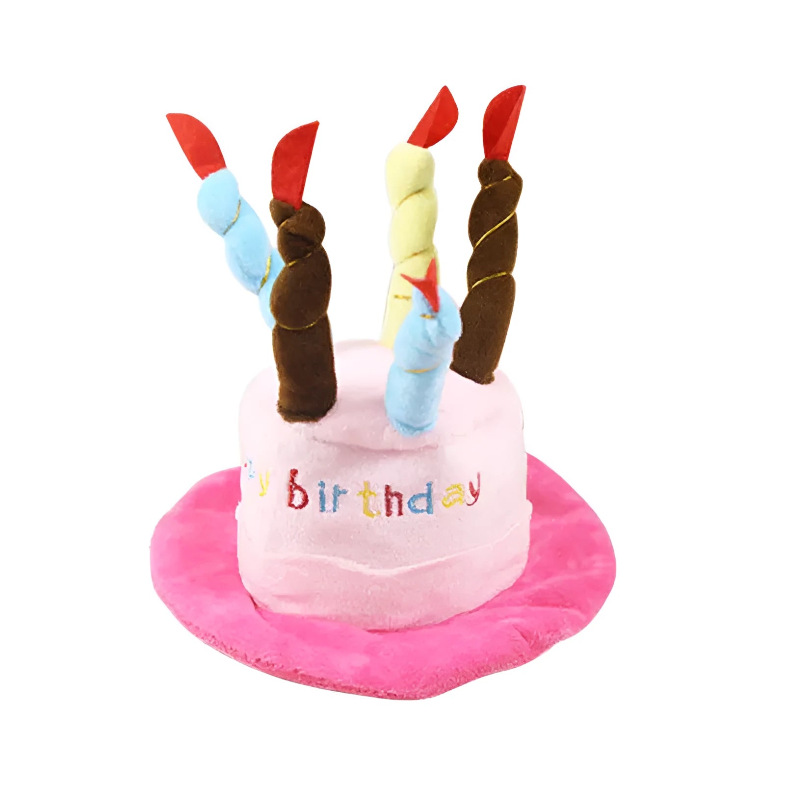 Blue and pink dog birthday hats showing dimensions of 21cm x 15cm x 6.5cm